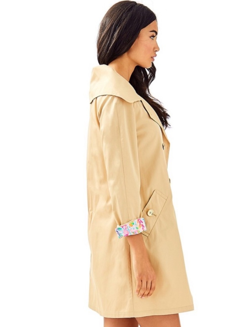 Lilly Pulitzer Tan Double-Breasted Trench Coat with Floral Cuff - Never Worn - - Picture 2 of 5